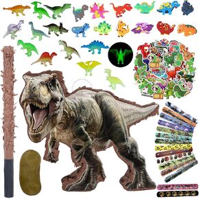142 Pcs Dinosaur Piñata Party Set - Jungle Dinosaur Piñata Set with Blindfold and Bat Include Kids Dinosaur Themed Party Favors for Boys and Girls(Small Size Piñata 14.5"x12.5"x3")
