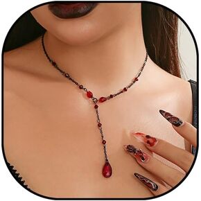 Vintage Gothic Blood Drop Tassel Pendant Necklace for Women Gothic Blood Drop Y Shaped Necklace Vampire Halloween Jewelry