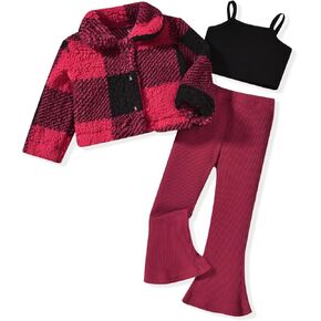 HINTINA Toddler Girl 3 Piece Outfits Cami Top Flare Pant Set With Plaid Coat
