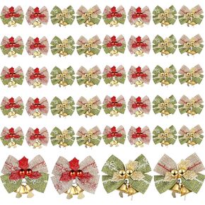 24 Pieces Christmas Bow with Bells Christmas Tree Bows Mini Burlap Xmas Bowknot Christmas Ribbon Bows Christmas Craft Bow Hanging Decorations for Christmas Tree Ornaments Presents Wrapping