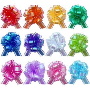 12PCS Rainbow Color Pull Bows for Gift Wrapping, 6 Inches Large Gift Bow, Colorful Laser Ribbon Decoration for Flower Bouquets and Basket, Aurora Bows for Birthday Presents, Anniversary, Wedding