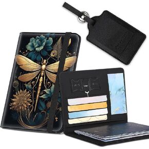Passport Cover for Women & Men with RFID Blocking, Waterproof Passport Wallet and Luggage Tag Set，PU Leather Travel Documents Organizer, Passport Holder with Card Slot，Dragonfly Moon