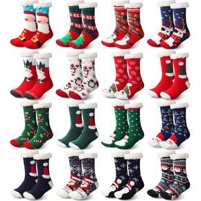 Suhine 16 Pairs Christmas Slipper Socks Bulk Fuzzy Socks Women Fluffy Thermal Sherpa Slipper Socks Winter Socks Non Slip Soft Xmas Snowman Santa Socks for Christmas Holiday Gifts
