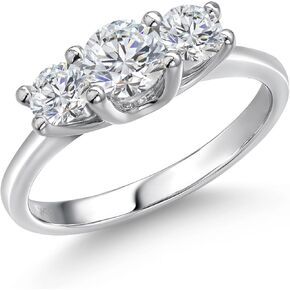 Gem Stone King 1.04 Cttw 14K White Gold White Lab Grown Diamond 3-Stone Engagement Ring | Round 5MM and 4MM | Three Stone Wedding Anniversary Promise Ring For Women