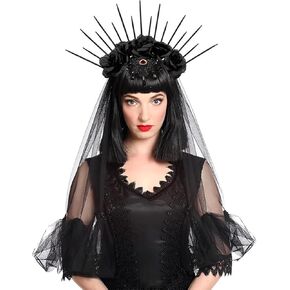 Gothic Rose Crown Headband with Black Veil Halloween Costume for Women Girls Bridal Veil Spiked Halo Headpiece Flower Hairband for Cosplay Wedding Carnival Party Bridal Shower