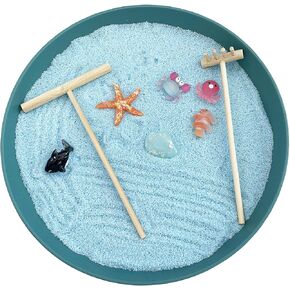 Mini Zen Garden للمكتب، الحياة البحرية في المحيط، مجموعة أدوات الرمل والمجرفة، صندوق رمل سطح المكتب Zen للتأمل والاسترخاء (أزرق)