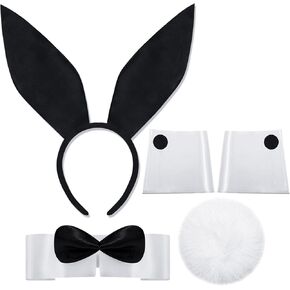 Bunny Halloween Costume Accessories - 5 PCS Bunny Ears Headband Tail Bow Tie Collar Cuffs Set for Women Rabbit Cosplay Party, Black and White