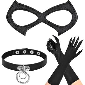 Cat Woman Accessories Set, Black Cat Women Mask Collar Cat Claw Gloves for Adult Women Girls, Cat Woman Halloween Costume Accessories