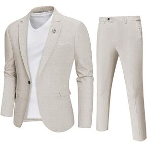 YND Men's 2 Piece Casual Linen Suit Set, Regular Fit Lightweight Blazer Jacket and Pants for Wedding, Business, Party