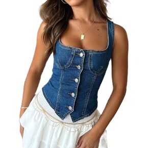 Women Y2k Button Down Denim Vest Sexy Sleeveless V Neck Slim Fit Tank Top Vintage Cropped Jean Corset Top Streetwear