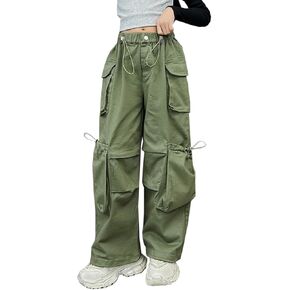 Girls Vintage Multiple Pockets Cargo Pants Wide-Leg Casual Straight Cargo Pants, 6-14 Years