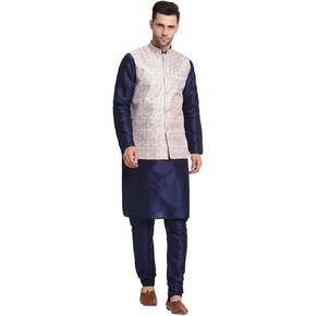 Mens Cream Silk Blend Kurta and Churidar with Thread Work Sequenced Nehru Jacket Set, Ethnic Traditional Wear