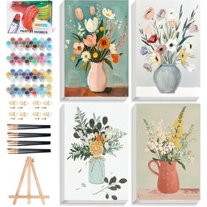 4 Pack Framed Paint by Numbers Kit for Adults with Wooden Easel, Flowers Easy Paint by Number Kits with Frame, Acrylic Watercolor Adult Paint by Number Kits on Canvas Framed for Home Decor 8x12 Inch