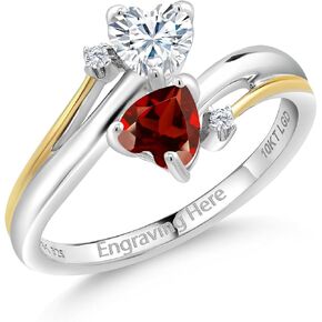 Gem Stone King Customized and Personalized Engraved Gemstone Birthstone and Lab Grown Diamond 2 Heart Promise Couple Ring For Women | 925 Silver and 10K Yellow Gold | Available In Size 5, 6, 7, 8, 9