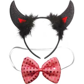 Halloween Headwear Shining Devil Horn Headband and Sequined Bowtie Set,Women Girls Halloween costume