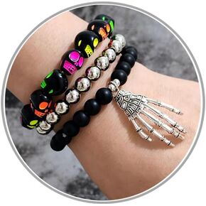 Gothic Spider Bracelets Punk Spider Skull Bracelets Stacked Stretch Bracelets Black Beaded Bracelets Halloween Cosplay Party Costume Accessories