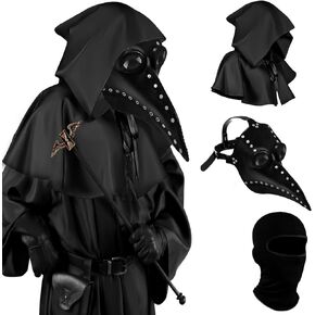 زي طبيب الطاعون 4 في 1 - قناع طبيب الطاعون وعباءة منقار الأنف الطويل للهالوين، أقنعة جلدية باللون الأسود الفاتح in Kuwait