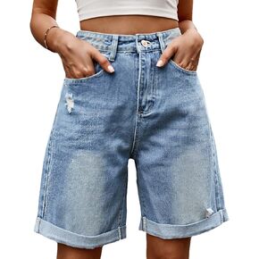 Jean Shorts Womens High Waist Long Jean Shorts for Women Girls Denim Shorts Ripped Distressed Jeans Short
