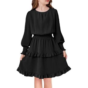Arshiner Girls Long Sleeve Dress Boho Tiered Ruffle Hem Elegant Smocked Waist Midi Dress