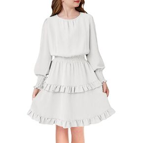 Arshiner Girls Long Sleeve Dress Boho Tiered Ruffle Hem Elegant Smocked Waist Midi Dress in Kuwait