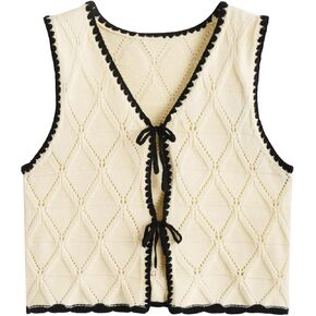 Verdusa Women's Old Money Bow Tie Crochet Sweater Vest Contrast Binding Knot Front V Neck Knit Top