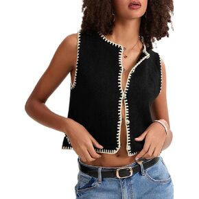 Women Y2k Button Front Knit Vest Round Neck Sleeveless Sweater Vintage Contrast Color Cardigan