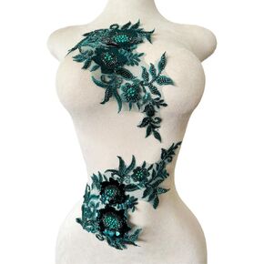 Sewing Beads lace Applique one Pair sew on Pearl Trimming Patch Decorative Accessories for Clothes 2pieces/Bag 11.8X7.08inches (Dark Green)