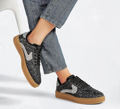 LUCKY STEP Women's Glitter Sneakers Fashion Retro Casual Sparkly Bling Shiny Dressy Bedazzled Bridal Wedding Anti Slip Walking Shoes in Kuwait