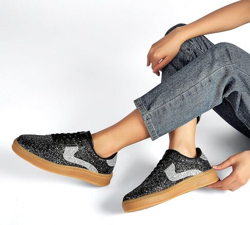 LUCKY STEP Women's Glitter Sneakers Fashion Retro Casual Sparkly Bling Shiny Dressy Bedazzled Bridal Wedding Anti Slip Walking Shoes in Kuwait