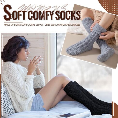 Velice Fuzzy Socks for Women 3 Pairs Knee High Fluffy Soft Warm Stocking Cozy Slipper Plush Winter Long Christmas Socks in Kuwait