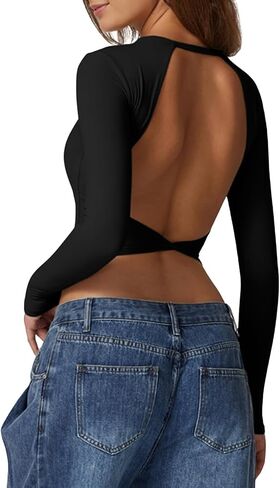 QINSEN Women's Crew Neck Open Back Long Sleeve Basic Crop Tops Stretch Backless Going Out Tee Shirt in Kuwait