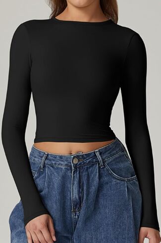 QINSEN Women's Crew Neck Open Back Long Sleeve Basic Crop Tops Stretch Backless Going Out Tee Shirt in Kuwait