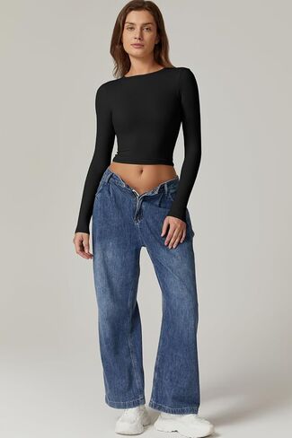 QINSEN Women's Crew Neck Open Back Long Sleeve Basic Crop Tops Stretch Backless Going Out Tee Shirt in Kuwait