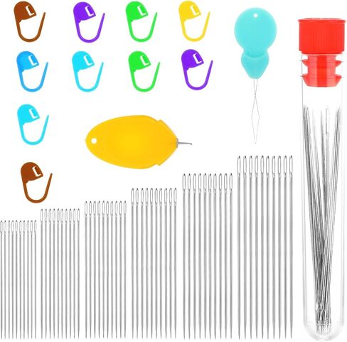 78 Pcs Large Eye Sewing Needles, Assorted Sizes Large Eye Sewing Needles Hand Sewing Needles Embroidery Needles Stainless Steel Quilting Needle with Threaders and for Hand Sewing in Saudi Arabia
