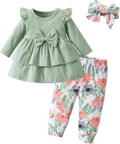 Baby Girl Clothes Solid Color Long Sleeve Ruffle Tops Pants Headband 3PCS Outfits Set in Saudi Arabia