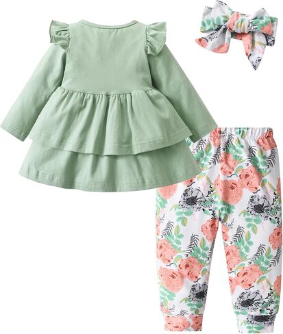 Baby Girl Clothes Solid Color Long Sleeve Ruffle Tops Pants Headband 3PCS Outfits Set in Saudi Arabia