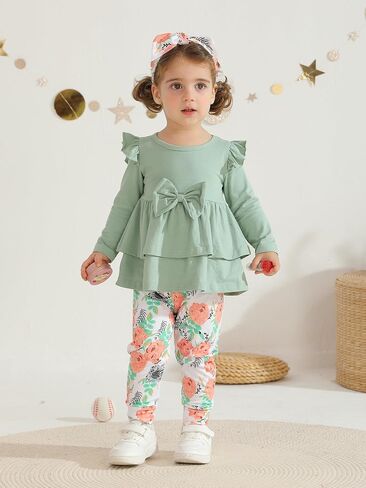 Baby Girl Clothes Solid Color Long Sleeve Ruffle Tops Pants Headband 3PCS Outfits Set in Saudi Arabia