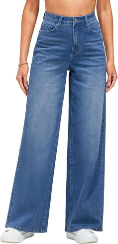 LookbookStore Wide Leg Jeans for Women High Waisted Stretchy Denim Jeans Fashion Baggy Trouser Jean Pants with Pockets in Saudi Arabia