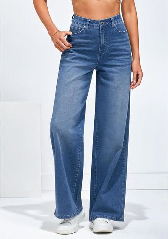 LookbookStore Wide Leg Jeans for Women High Waisted Stretchy Denim Jeans Fashion Baggy Trouser Jean Pants with Pockets in Saudi Arabia