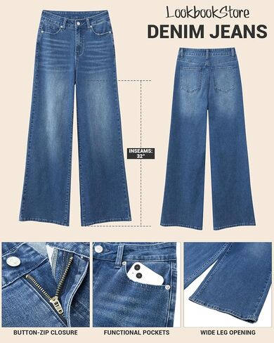 LookbookStore Wide Leg Jeans for Women High Waisted Stretchy Denim Jeans Fashion Baggy Trouser Jean Pants with Pockets in Saudi Arabia