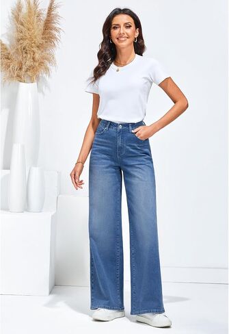 LookbookStore Wide Leg Jeans for Women High Waisted Stretchy Denim Jeans Fashion Baggy Trouser Jean Pants with Pockets in Saudi Arabia