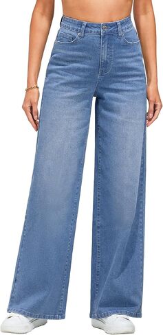 LookbookStore Wide Leg Jeans for Women High Waisted Stretchy Denim Jeans Fashion Baggy Trouser Jean Pants with Pockets in Saudi Arabia
