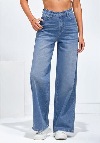 LookbookStore Wide Leg Jeans for Women High Waisted Stretchy Denim Jeans Fashion Baggy Trouser Jean Pants with Pockets in Saudi Arabia