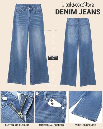 LookbookStore Wide Leg Jeans for Women High Waisted Stretchy Denim Jeans Fashion Baggy Trouser Jean Pants with Pockets in Saudi Arabia