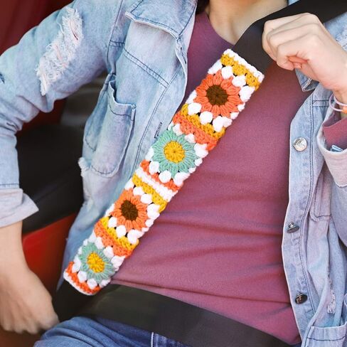 Crochet Automotive Seat Belt Cover Pad, Cute Sunflower Car Accessories for Women, Shoulder Pads Cushions, Daisy Granny Square Crochet Accessories 2 PCS (Brown-Orange Sunflower) in Saudi Arabia