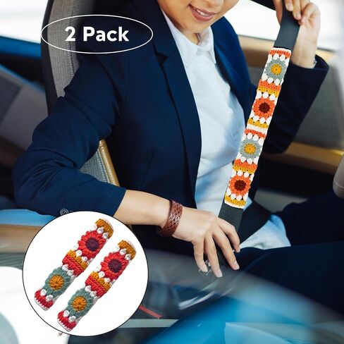 Crochet Automotive Seat Belt Cover Pad, Cute Sunflower Car Accessories for Women, Shoulder Pads Cushions, Daisy Granny Square Crochet Accessories 2 PCS (Brown-Orange Sunflower) in Saudi Arabia