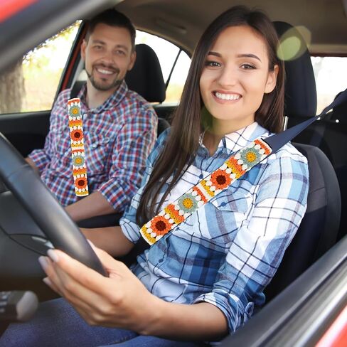 Crochet Automotive Seat Belt Cover Pad, Cute Sunflower Car Accessories for Women, Shoulder Pads Cushions, Daisy Granny Square Crochet Accessories 2 PCS (Brown-Orange Sunflower) in Saudi Arabia