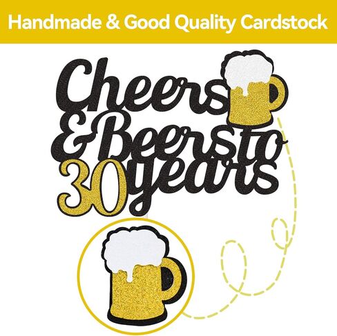 Cheers to 30 Years Cake Topper, Happy 30th Birthday Cake Topper, 30th Anniversary Thirty Birthday Party Supplies Black and Gold Glitter Decorations Double Sided in Saudi Arabia