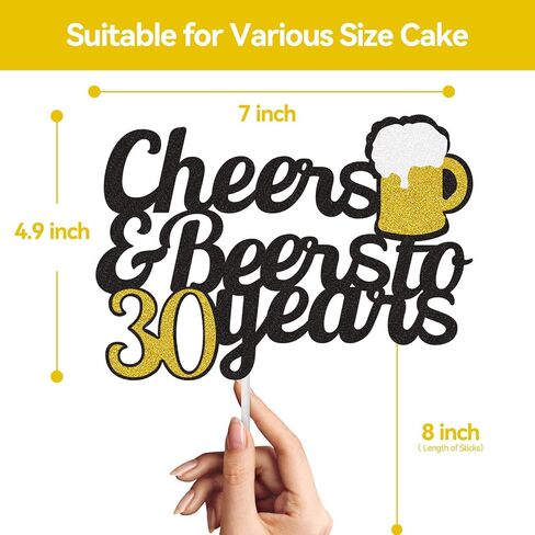 Cheers to 30 Years Cake Topper, Happy 30th Birthday Cake Topper, 30th Anniversary Thirty Birthday Party Supplies Black and Gold Glitter Decorations Double Sided in Saudi Arabia