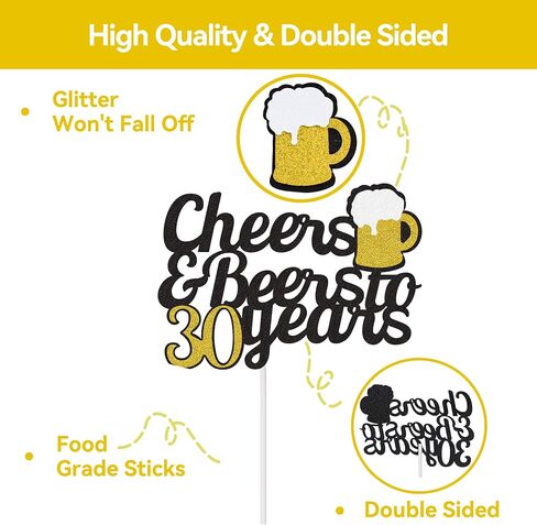 Cheers to 30 Years Cake Topper, Happy 30th Birthday Cake Topper, 30th Anniversary Thirty Birthday Party Supplies Black and Gold Glitter Decorations Double Sided in Saudi Arabia